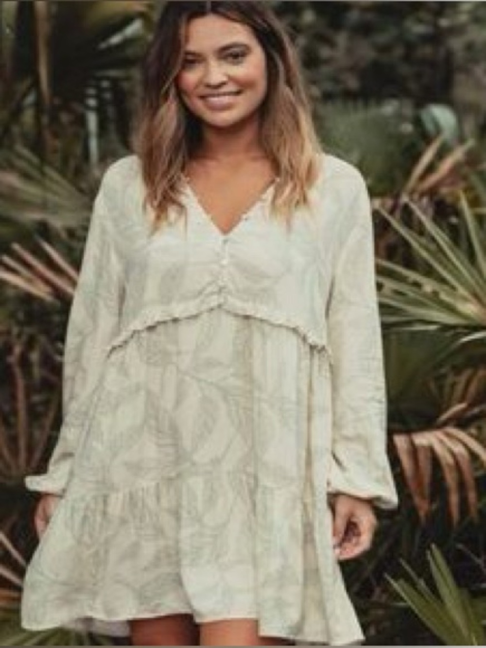 The Normal Brand Floral Leaf Tiered Peasant Long Sleeve Mini Dress Medium